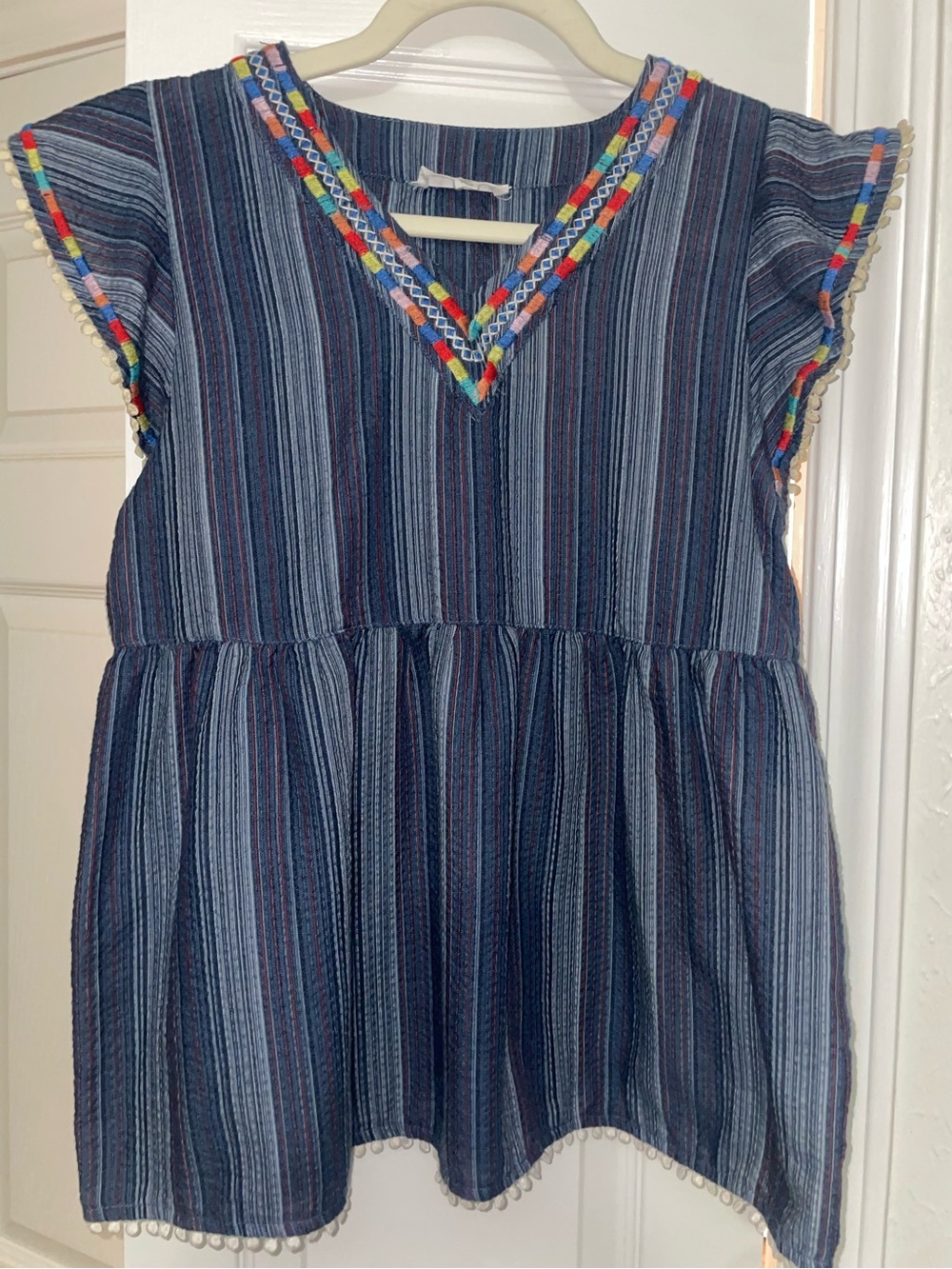 THML Blue Striped Embroidered Pom Pom Babydoll Blouse Size XS